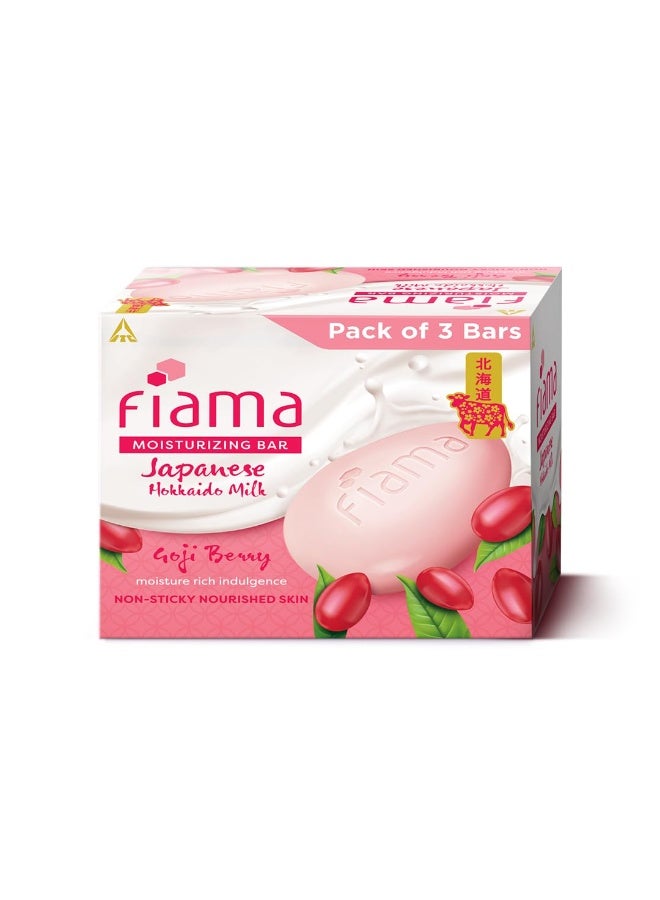 Fiama Moisturizing Soap Bar, Japanese Hokkaido Milk & Goji berry, Soap Pack of 3, Non-Sticky Moisturized Skin, 1/3rd Skin Moisturizers, Vitamin F, Fragrant Freshness - Image 1